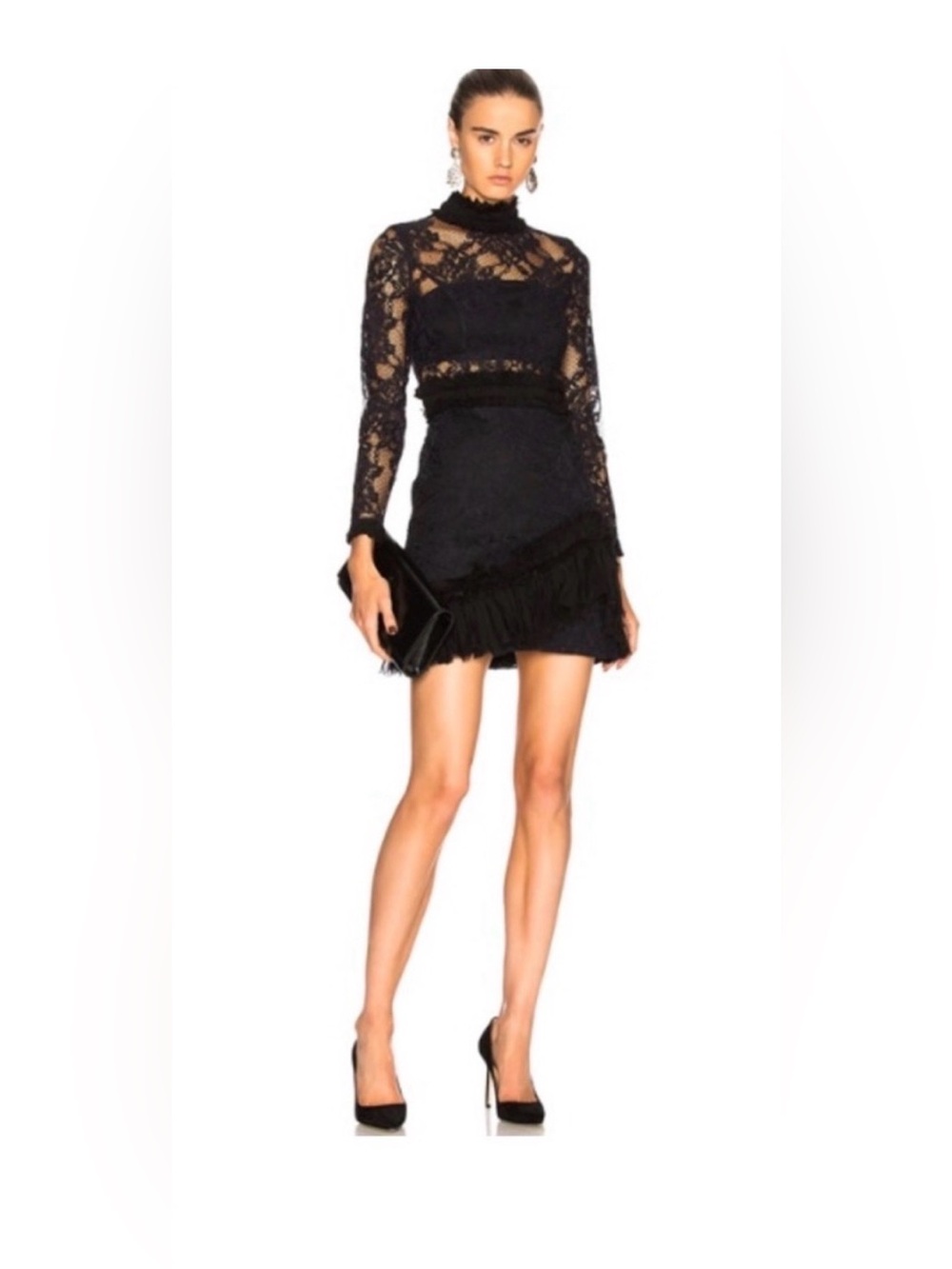 Alexis “Wilhelmina” Black Lace Long Sleeve Ruffle Mini Dress